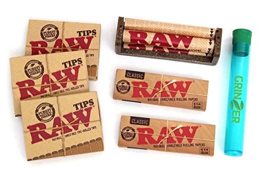 RAW KIT 2 Packs Rolling Paper 4 Packs Pre rolled Tips 1 Hemp Cigarette Rolling Machine and 1 Tube
