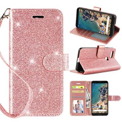  Casekey Compatible with Google Pixel 3 Wallet Case, [Kickstand] [Card Slots] [Wrist Strap] 2 in 1 Glitter Magnetic Flip PU Leather Full Coverage Wallet Cover for Google Pixel 3,Rosegold: