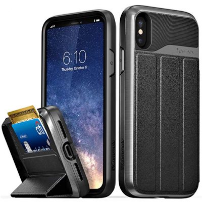  Vena iPhone Xs/X Wallet Case, [vCommute][Military Grade Drop Protection] Flip Leather Cover Card Slot Holder with Kickstand for Apple iPhone Xs 2022 / X 2017 5.8" (Space Gray/Black):