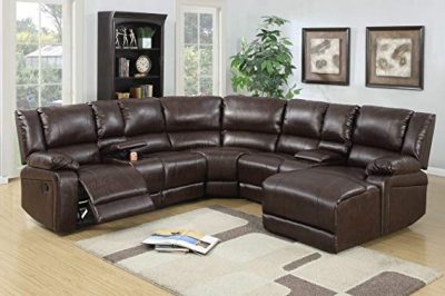  5pcs Brown Bonded Leather Reclining Sofa Set Includes a Push-back Chaise: