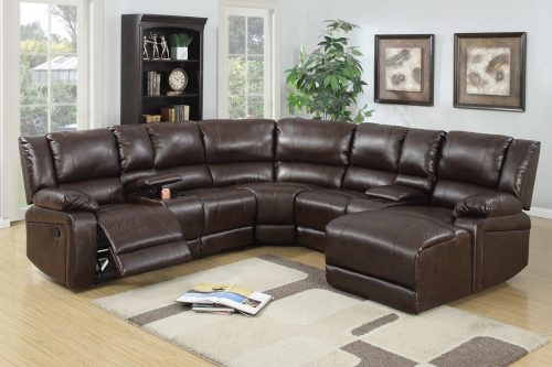  5pcs Brown Bonded Leather Reclining Sofa Set Includes a Push-back Chaise