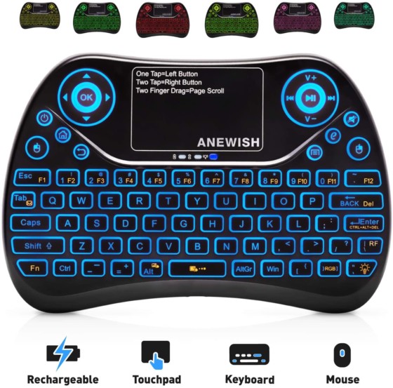 ANEWISH 2.4GHz Mini Wireless Keyboard with Touchpad Mouse Combo (with 7 Colors Backlight)