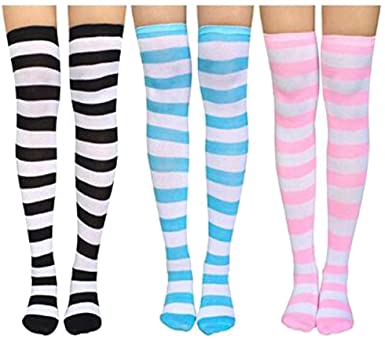 Chalier 3 Pairs Women Long Striped Socks Thigh High Socks