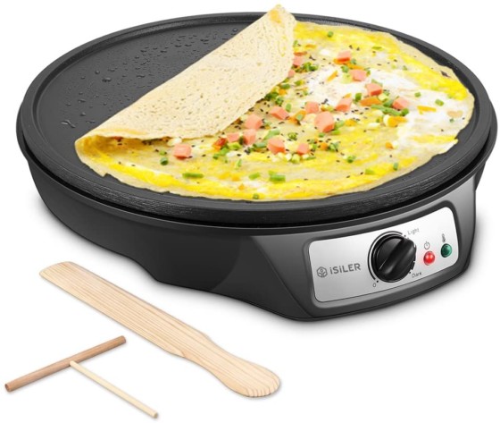 iSiLER 12" Electric Crepe and Pancake Maker, adjustable heat for Roti, Tortilla, Eggs, BBQ (Batter Spreader and Wooden Spatula included)