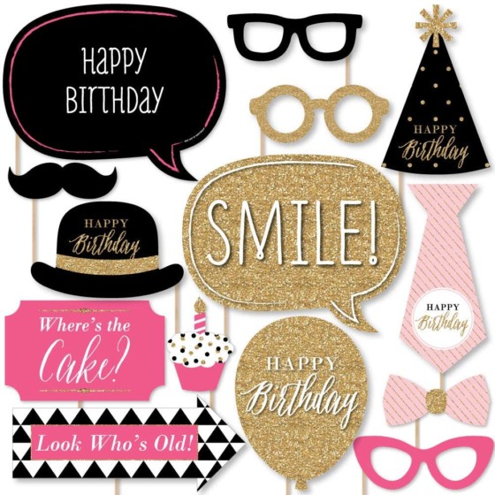 Chic Happy Birthday Photo Booth Props Kit – Pink, Black and Gold