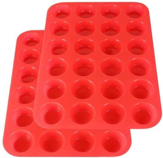2Packs Mini Muffin Pan Silicone Cupcake Baking Cups - Non Stick Silicone Molds for Muffin Tins (2 Trays Overlapped, Red)