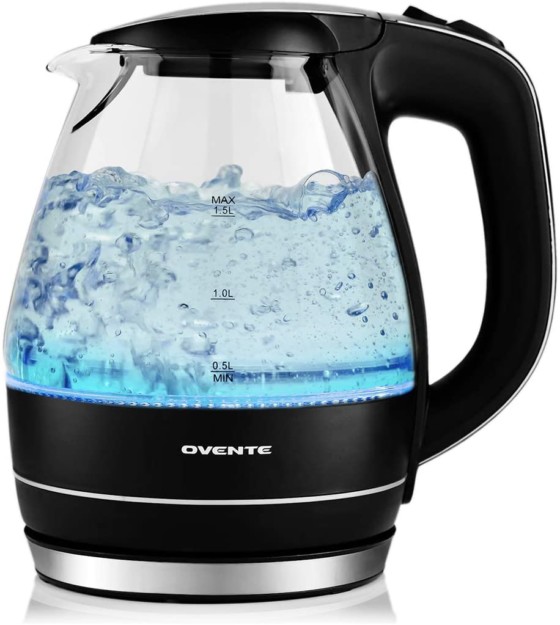 Ovente 1.5 Liter Glass Stainless Steel Electric Hot Water Handy Kettle With Auto Shutoff, Fast Heating,  and BPA-Free
