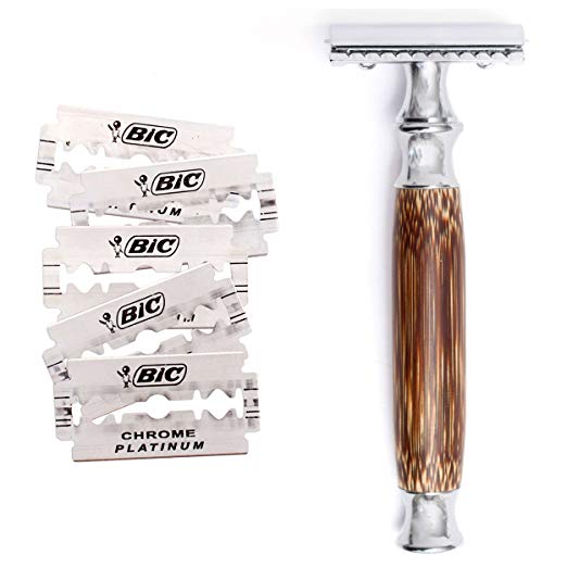 Double Edge Safety Razor with Long Natural Bamboo Handle