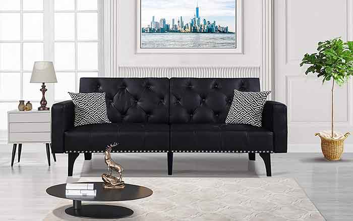 Modern Tufted Bonded Leather Sleeper Futon Sofa