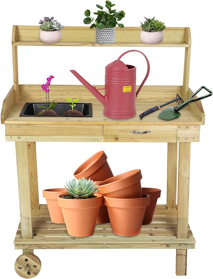 LUCKYERMORE Wooden Gardening Potting Bench Table