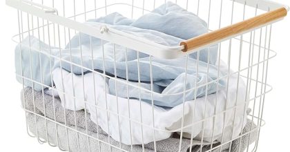 Yamazaki home 2809 laundry basket with wooden handles, medium, white