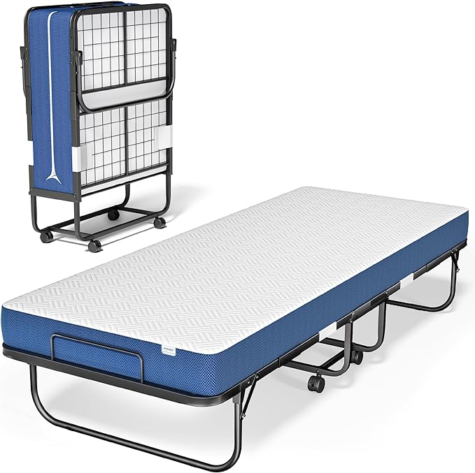 Folding Bed with Mattress - Portable Rollaway Adults Bed