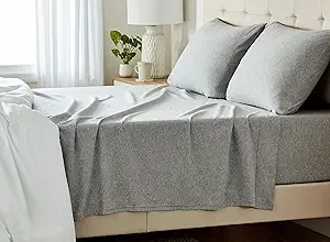 Amazon basics cotton jersey 4 piece bed sheet set, queen, light gray, solid